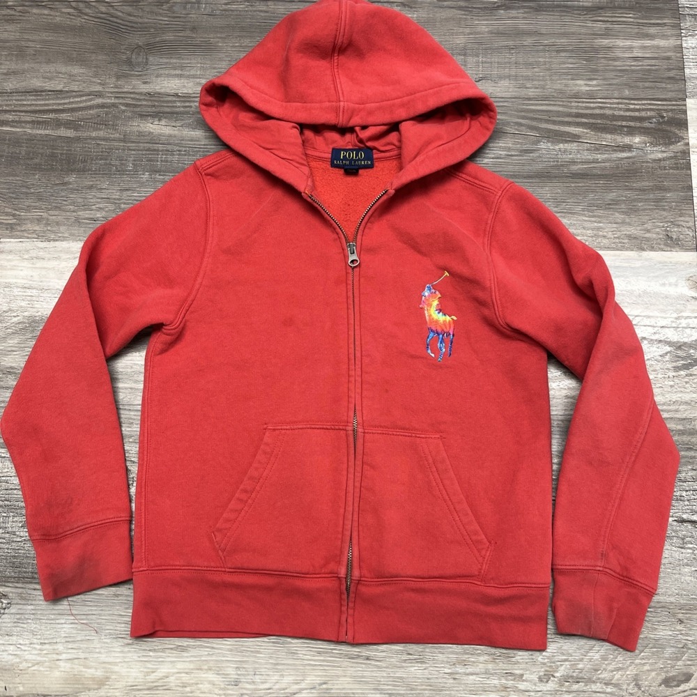 Polo Ralph Lauren Kids Zip Hoodie M Red Sweatshirt Rainbow Logo Full Zip Up Pony